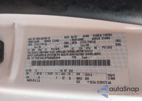 2007 Ford E-350 Super Duty Commercial/Recreational z USA, uszkodzony, nr VIN 1FTSE34L97DB45444